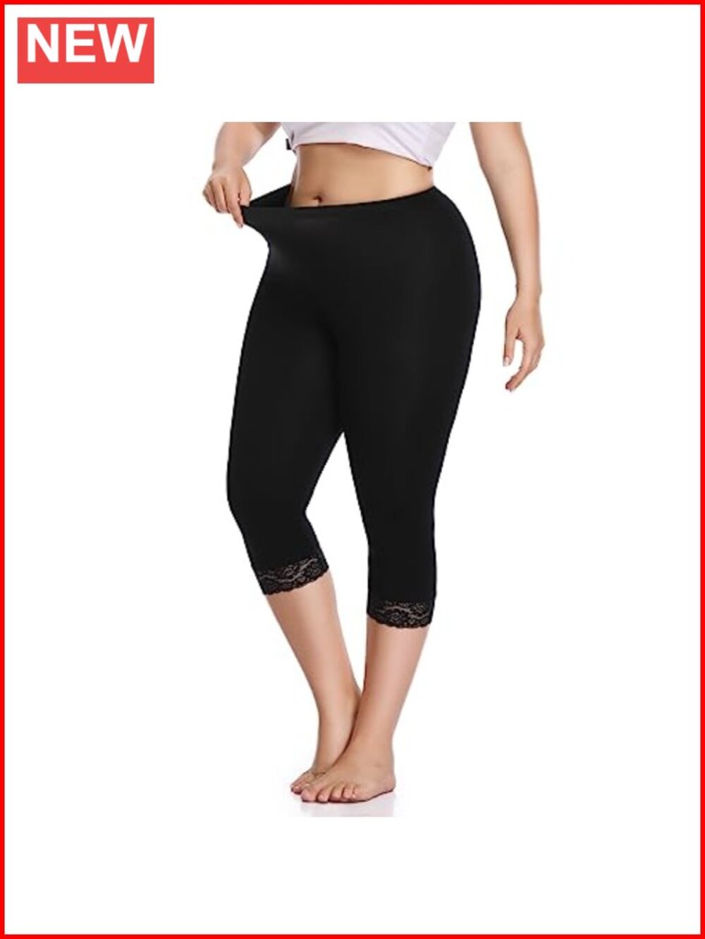 Plus Size Capri Leggings with Lace Trim, High Waist 95% Rayon 5% Spandex, Yoga